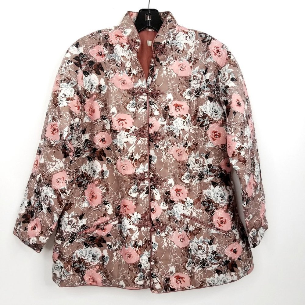 Vintage Asian Jacket Top Taupe Pink Floral Pockets